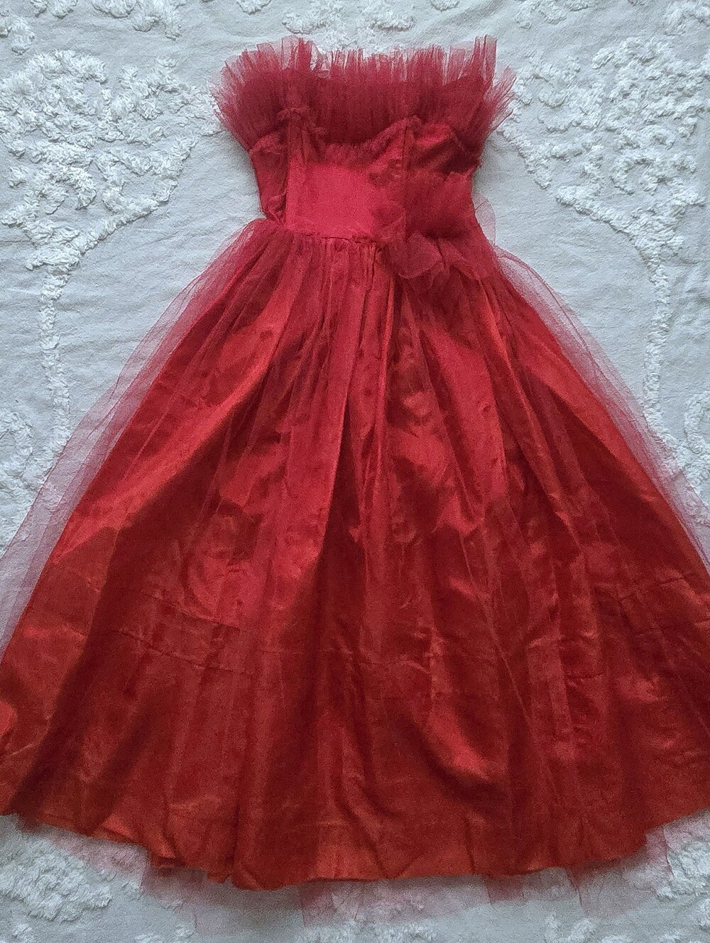 Vtg 50s Red Tulle Strapless Party Dress, 2/XS Or Girls L